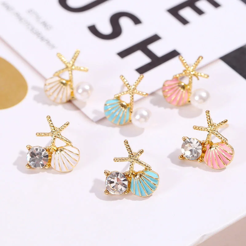 Drop Earrings with Polished Shine -Wholesale Oil Drop Scallop Starfish Imitation Pearl Diamond Earrings