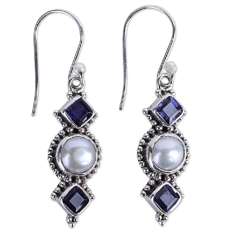 Drop Earrings with Enamel Coating -Handmade Lunar Allure Cultured Pearl Iolite Earrings (India) - 1.7*0.4