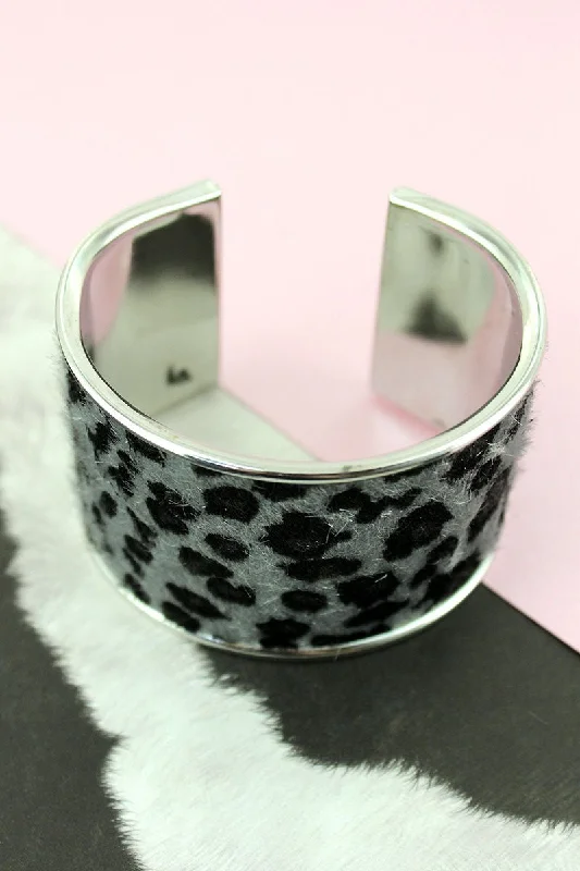 Bangles with natural amber for warm glow -SALE! Gray Leopard and Silvertone Cuff Bracelet