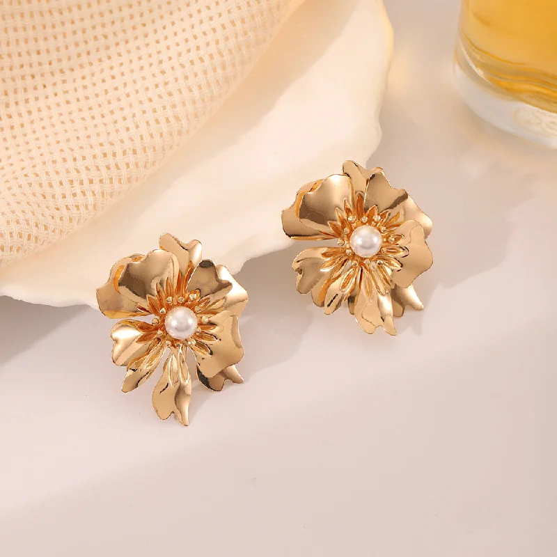 Gold Drop Earrings for Women -Wholesale All-match Metal Style Double-layer Flower Pearl Earrings