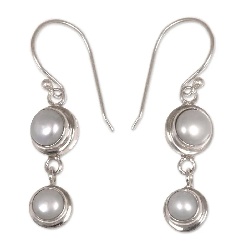 Drop Earrings for Christmas Party -Handmade Two Full Moons Freshwater Pearls Bridal Dangle Earrings (Bali)