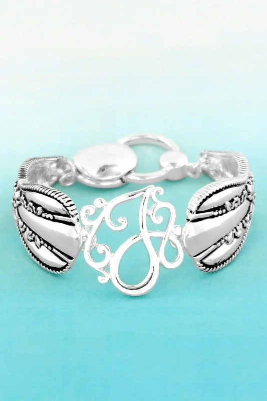 Bracelets with spiral ruby for striking twist -SALE! Silvertone 'J' Flourish Initial Spoon Bracelet