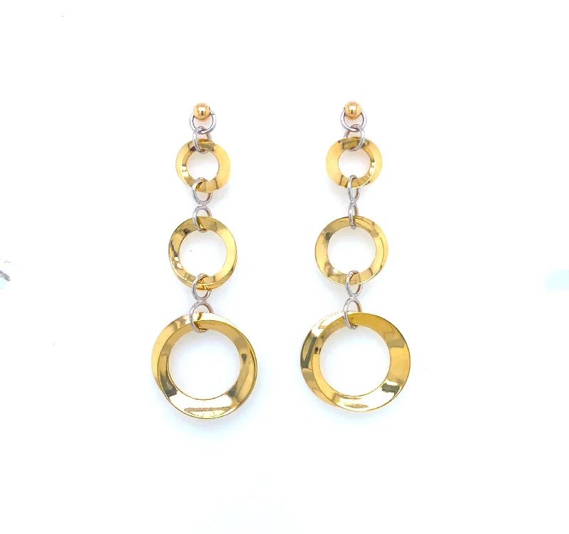 Drop Earrings for Engagement Party -Triple Circle Design Dangle Earrings - 14kt Yellow Gold