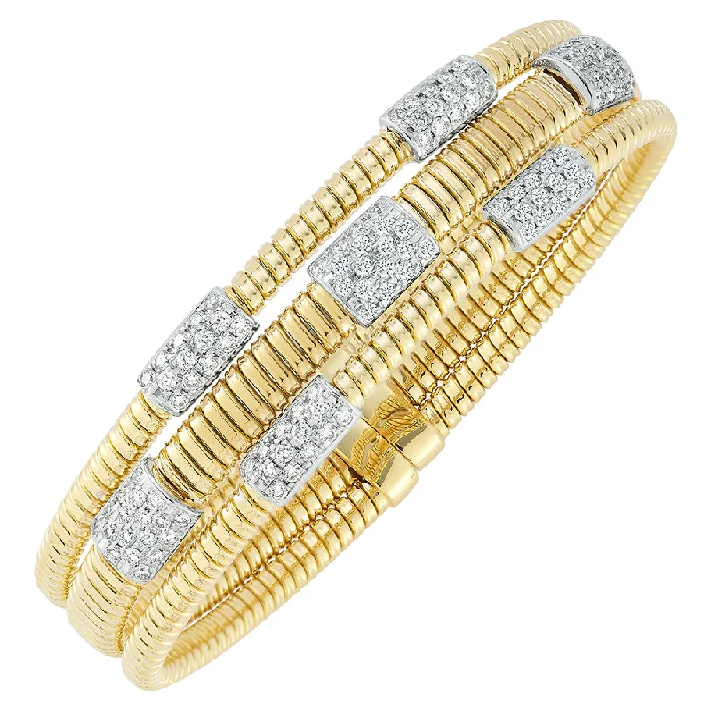 Bracelets with knot accents for symbolic charm -18K YELLOW GOLD RIBBED DIAMOND STATION CUFF BRACELET - 1.40CTW