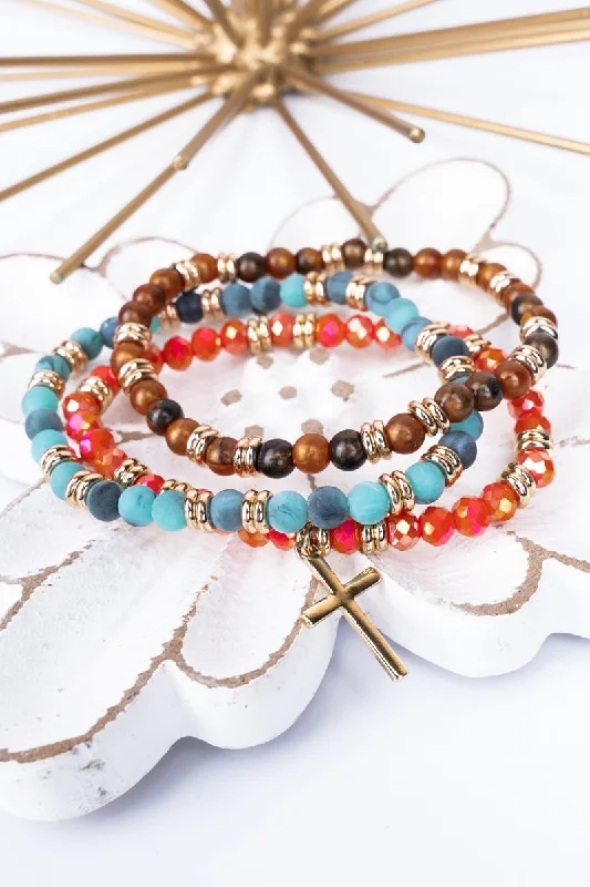 Bracelets with polished turquoise for boho style -Stella Beaded Goldtone Cross Bracelet Set