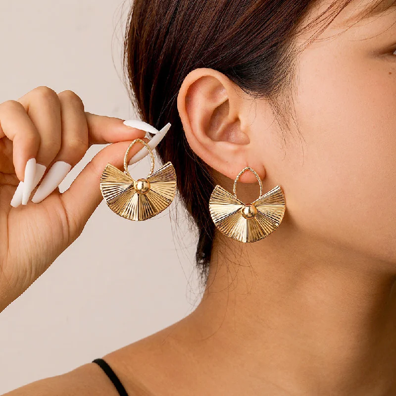 Retro Drop Earrings for Nostalgia -Wholesale Exaggerated Geometric Pleated Fan-shaped Large Earrings