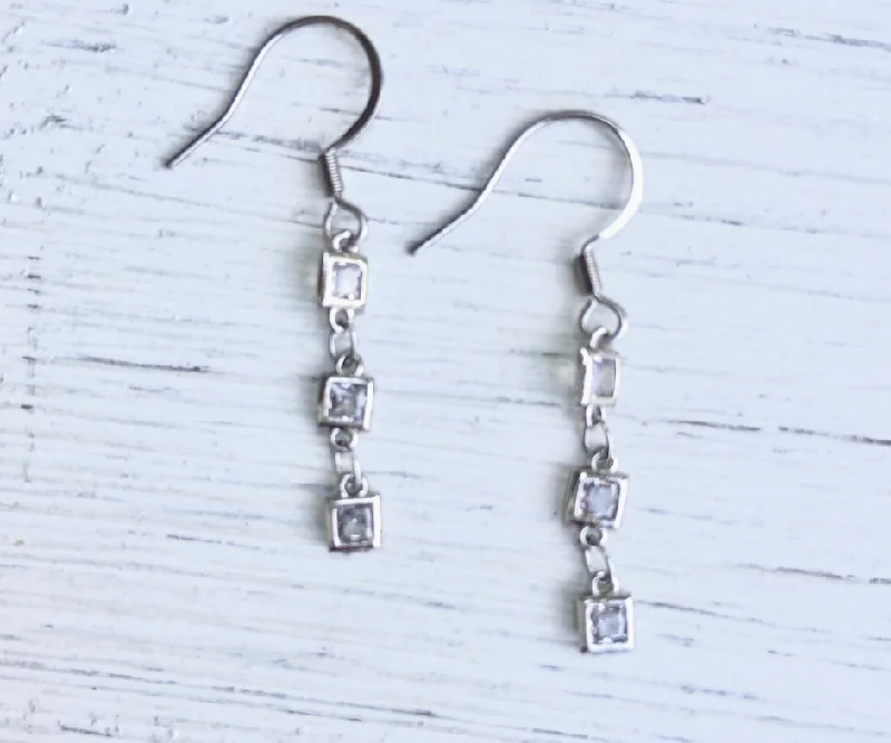 Drop Earrings for School Uniform -Three Small Square CZ Drop Earrings