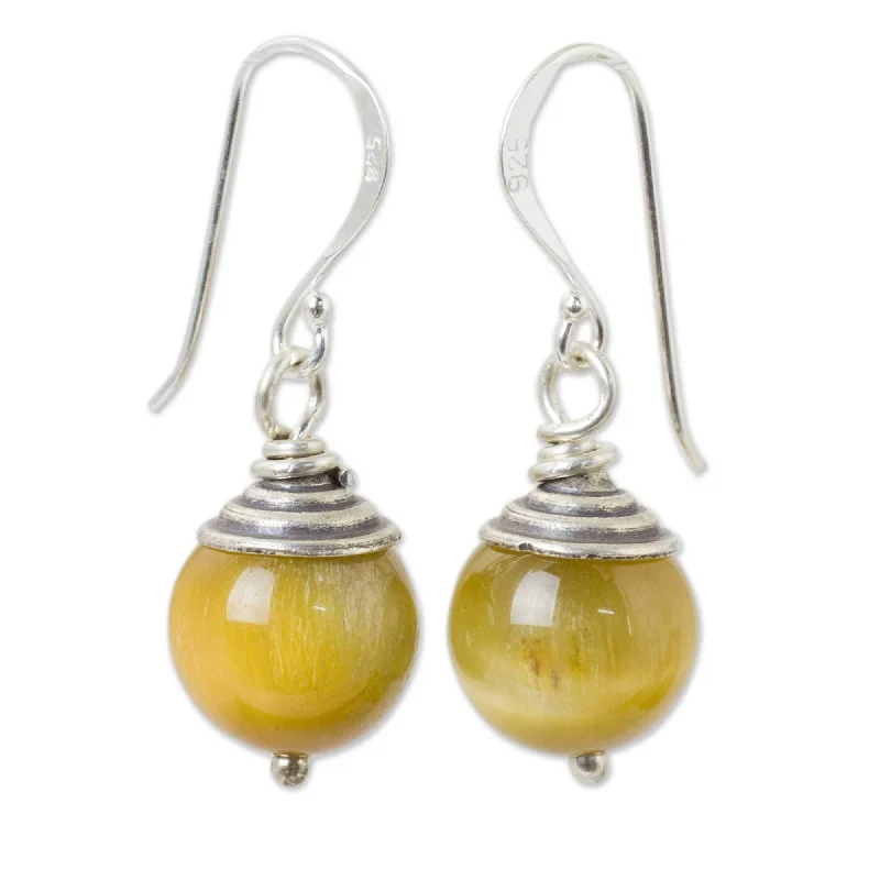 Drop Earrings with Vine Designs -Sterling Silver 'Sensation' Tiger's Eye Earrings (Thailand) - 1.4L*0.5W