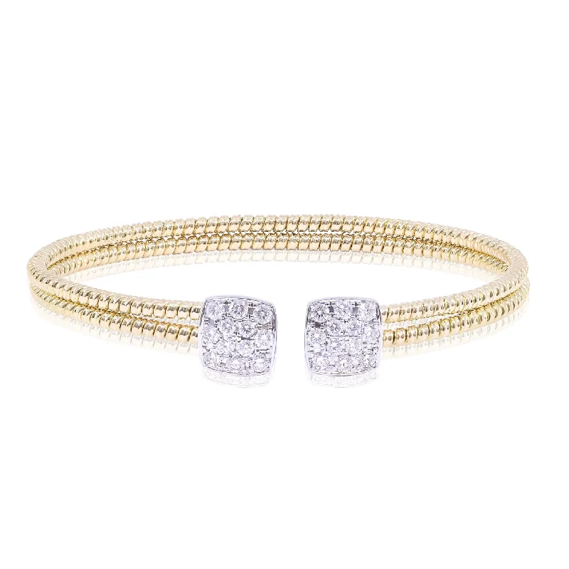 Bracelets with etched floral bands for detail -18K YELLOW GOLD DOUBLE TWISTED WIRE CUFF BRACELET WITH PAVE DIAMOND SQUARE END CAPS 0.90CTW