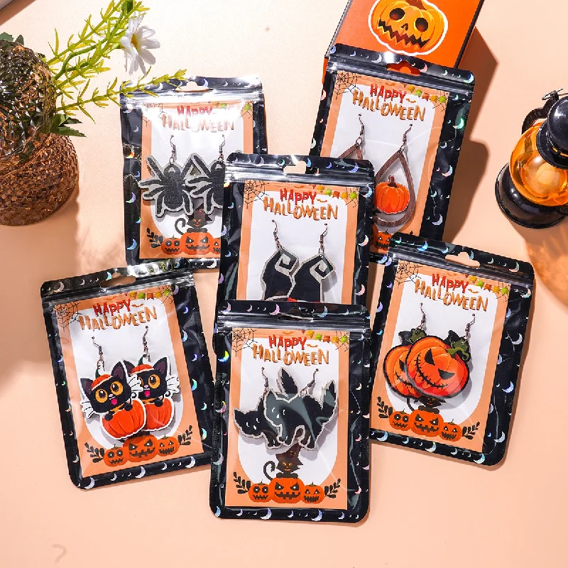 Drop Earrings for Birthday Celebration -Wholesale Halloween Theme Funny Creative Cartoon Wooden Pumpkin Spider Kitten Earrings