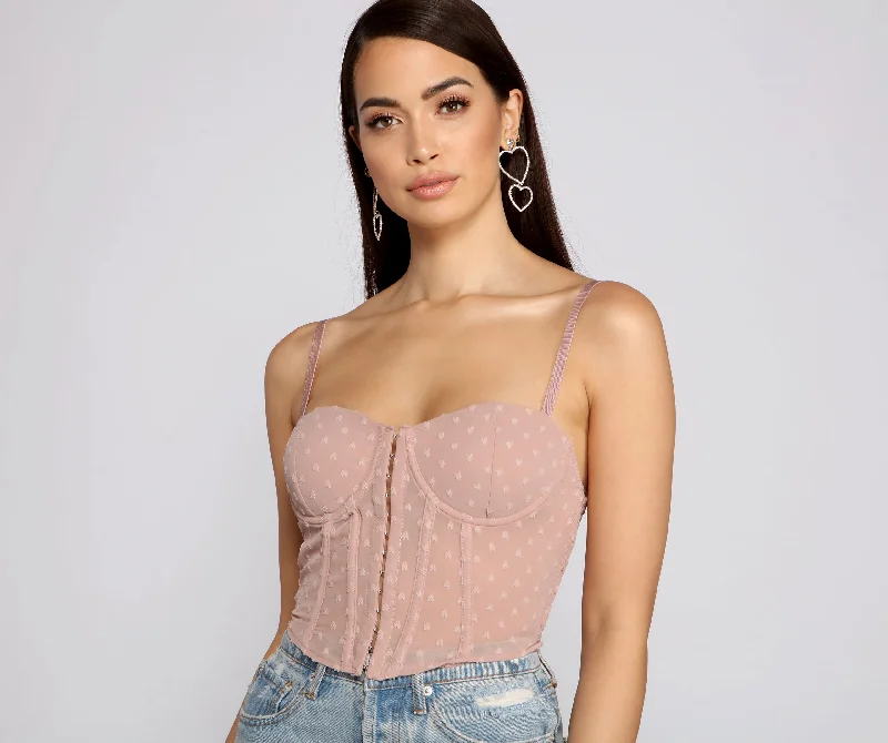 High neck crop top for women with tight fit and trendy appearance-So Glam Swiss Dot Corset Crop Top