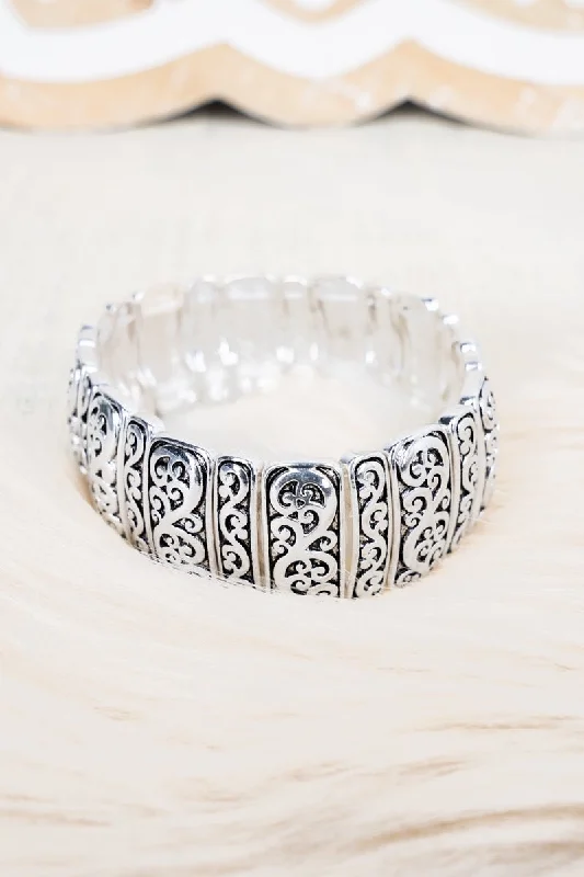 Bracelets with lotus motifs for spiritual vibe -SALE! Silvertone Raised Scroll Stretch Bracelet