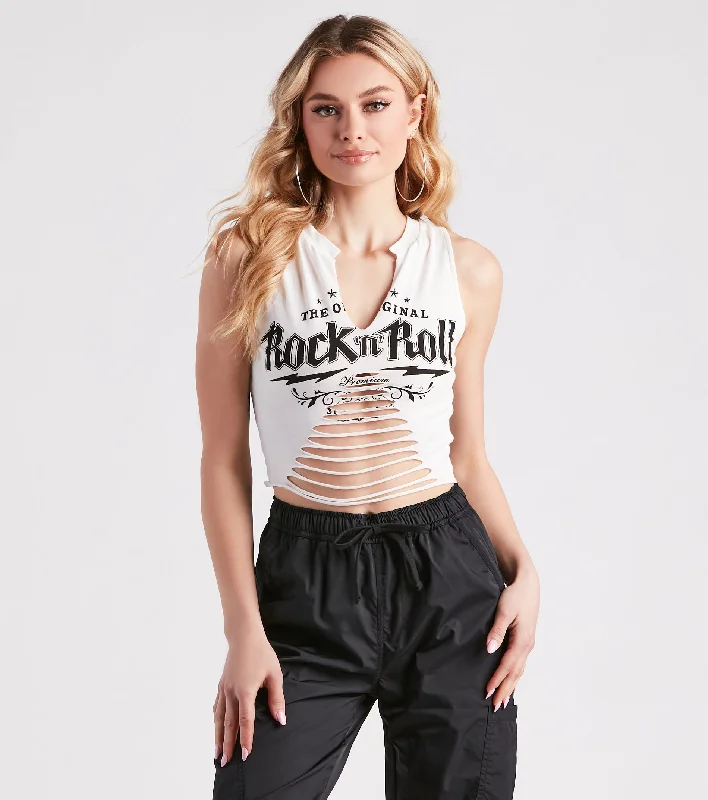 Cropped camisole top for women with satin finish and adjustable straps-OGs Only Rock N Roll Graphic Sleeveless Crop Top