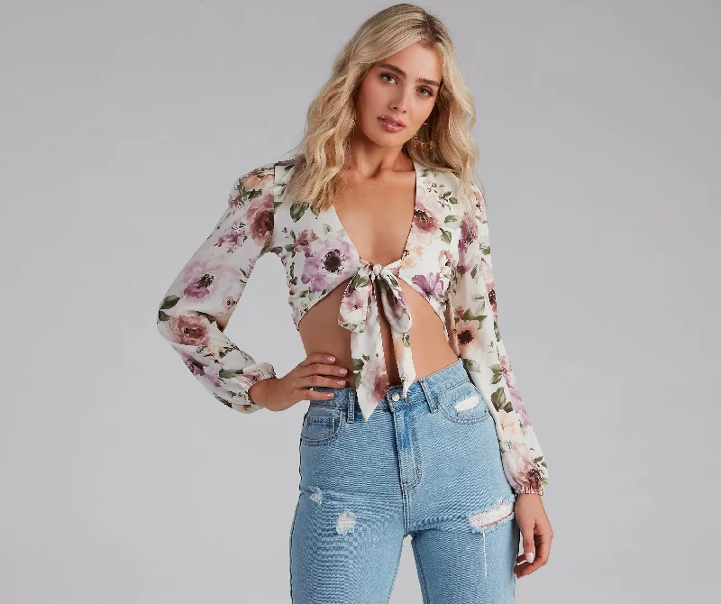 White crop top for women with clean design and simple elegance-Tie The Knot Floral Crop Top