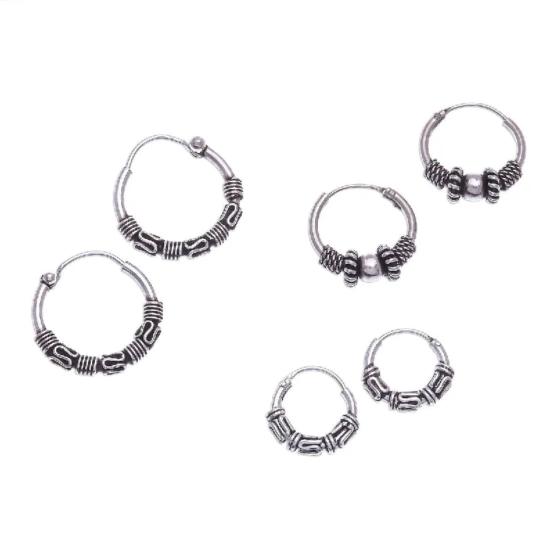 Drop Earrings with Textured Surface -NOVICA Thai Intricacy, Sterling silver hoop earrings (set of 3) - 0.6*0.6