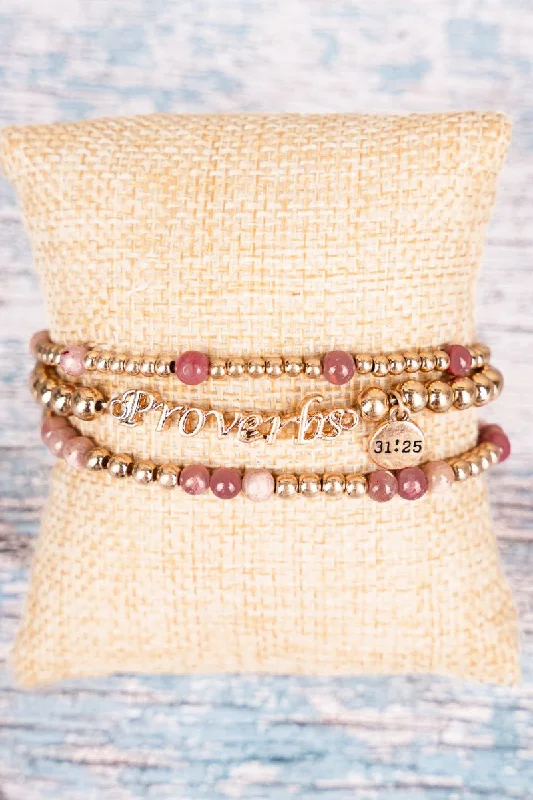 Bracelets with leather wrap for edgy look -Pink Worn Goldtone 31:25 Beaded Bracelet Set