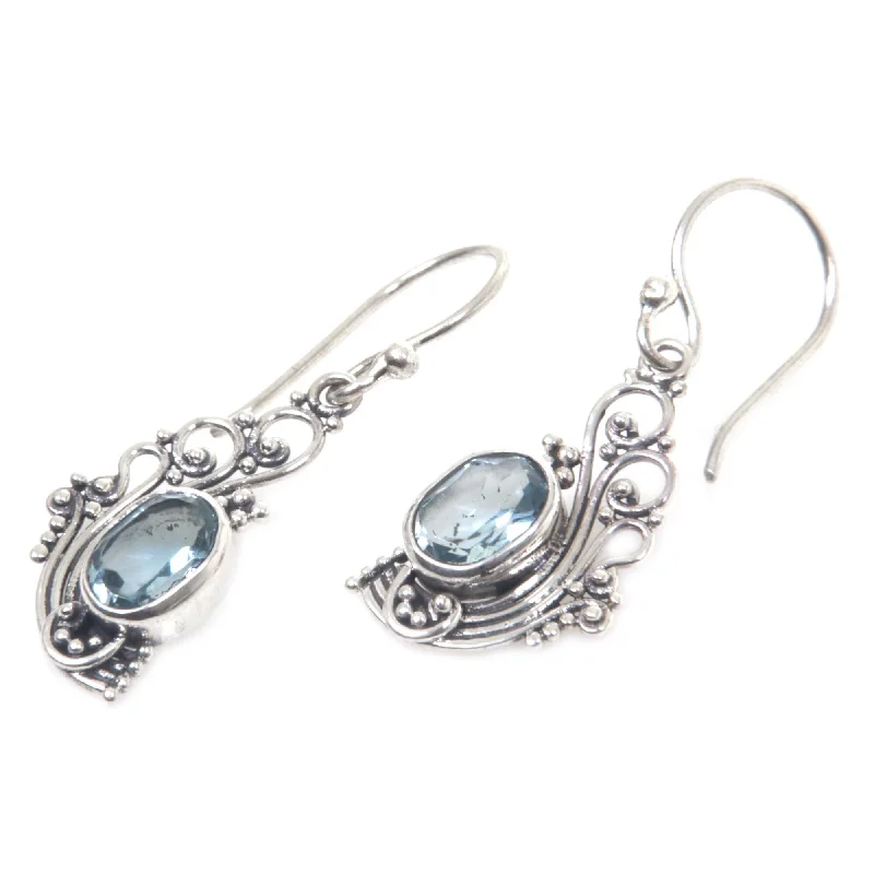 Oval Drop Earrings for Grace -Handmade Sterling Silver Blue Peacock's Feather Topaz Earrings (Indonesia) - 1.5L*0.5W