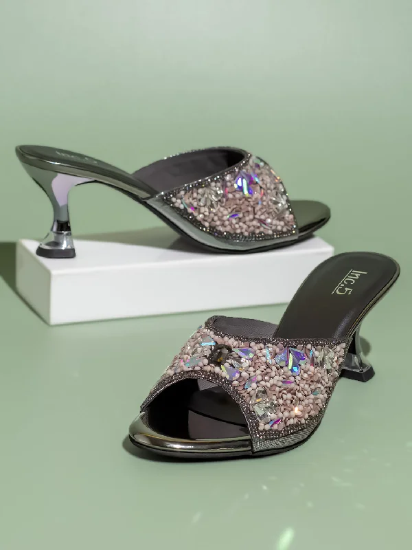 Casual sandals for women with lightweight construction and adjustable ankle straps-Women Pewter Embellished Party Block Heels