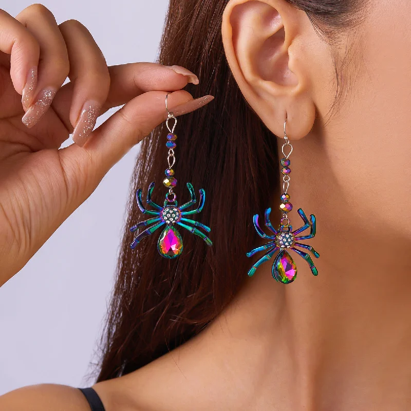 Long Drop Earrings for Dramatic -Wholesale Halloween Dark Gothic Colorful Exaggerated Spider Earrings