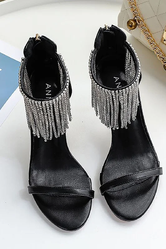 Comfortable sandals for women with padded footbed and slip-resistant soles-Black Rhinestone Thick High Heels