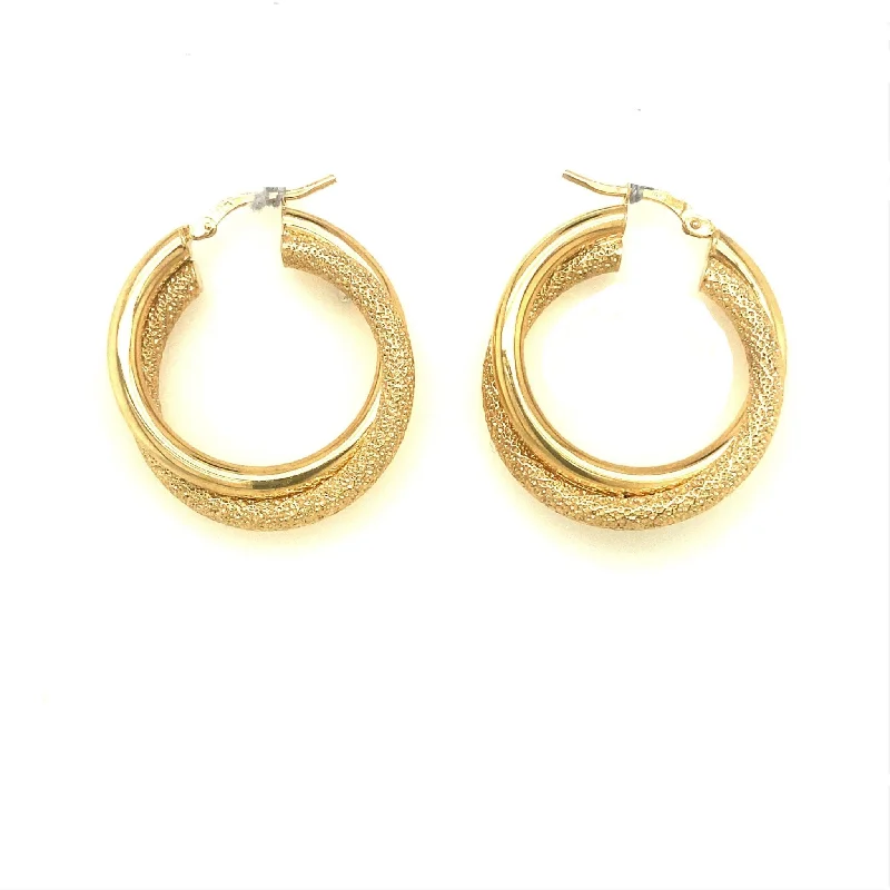 Drop Earrings with Leaf Motifs -Double Row Hoop Earrings - 14kt Yellow Gold