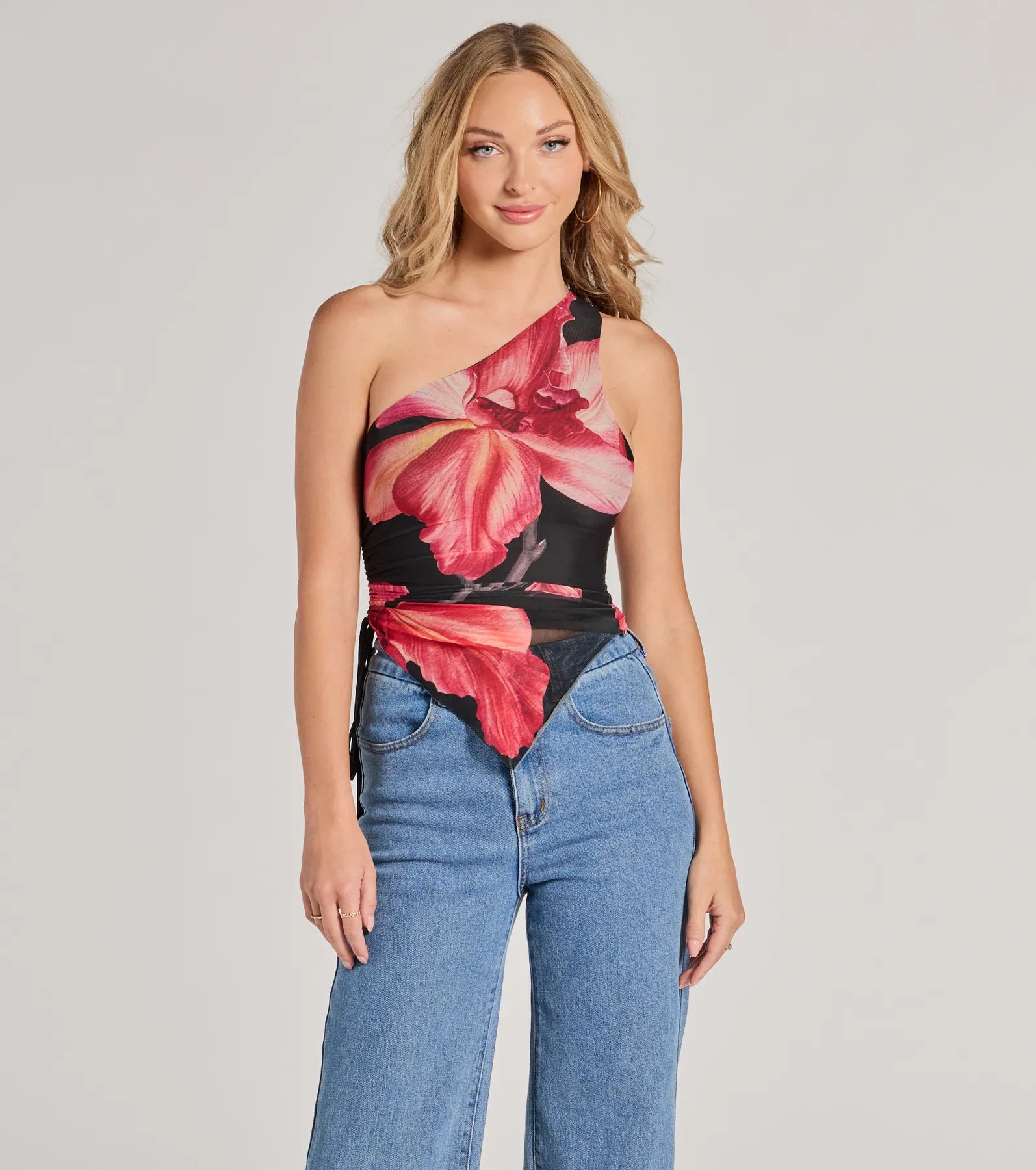 Colorful floral crop top for women with bright prints and light fabric-Pretty Bold One-Shoulder Floral Mesh Crop Top