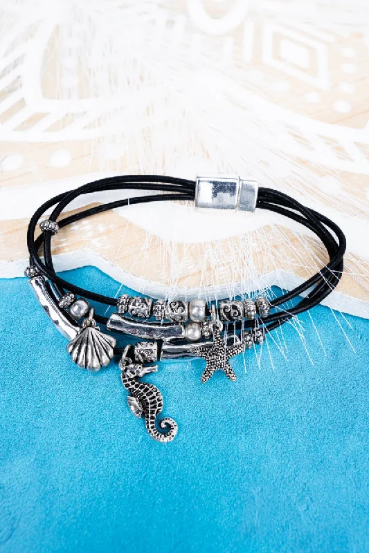 Bangles with peacock ore for iridescent glow -SALE! Sea Life Charm Black Cord Magnetic Bracelet