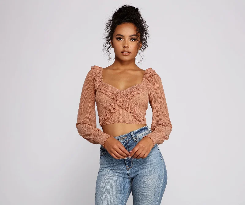 Sexy lace crop top for women with sheer material and feminine design-Flirty Flair Ruffle Detail Crop Top