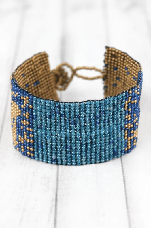 Bangles with bold hematite for metallic shine -SALE! Blue and Gold Seed Bead Bracelet