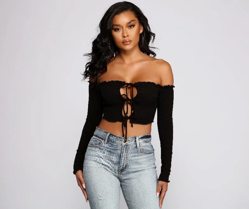 Layered crop top for women with flowy design and feminine details-She's So Trendy Off The Shoulder Crop Top