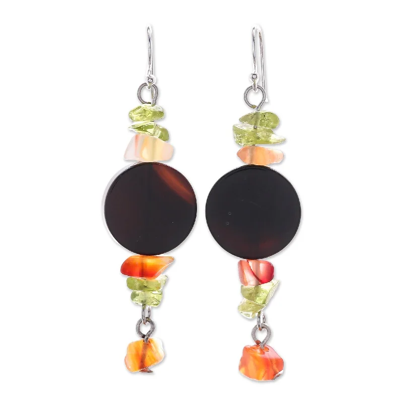 Drop Earrings with Abstract Designs -Sterling Silver 'Radiant Night' Onyx and Peridot Earrings