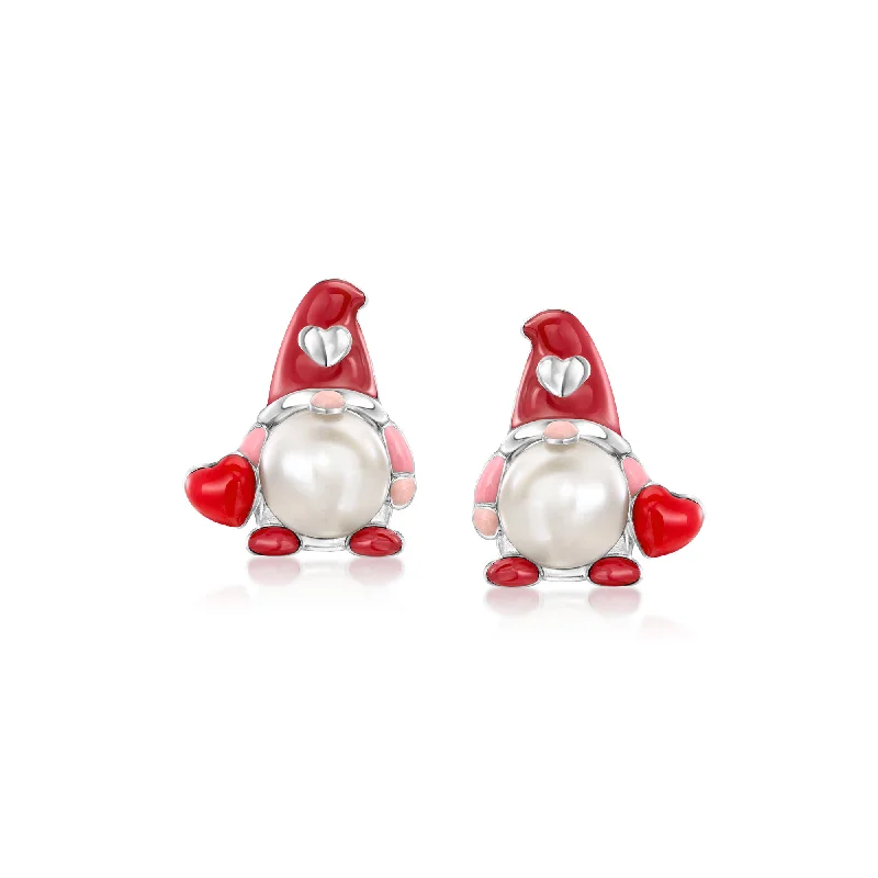 Small Drop Earrings for Delicate -Ross-Simons 8-8.5mm Cultured Pearl Valentine's Day Gnome Earrings With Multicolored Enamel in Sterling Silver