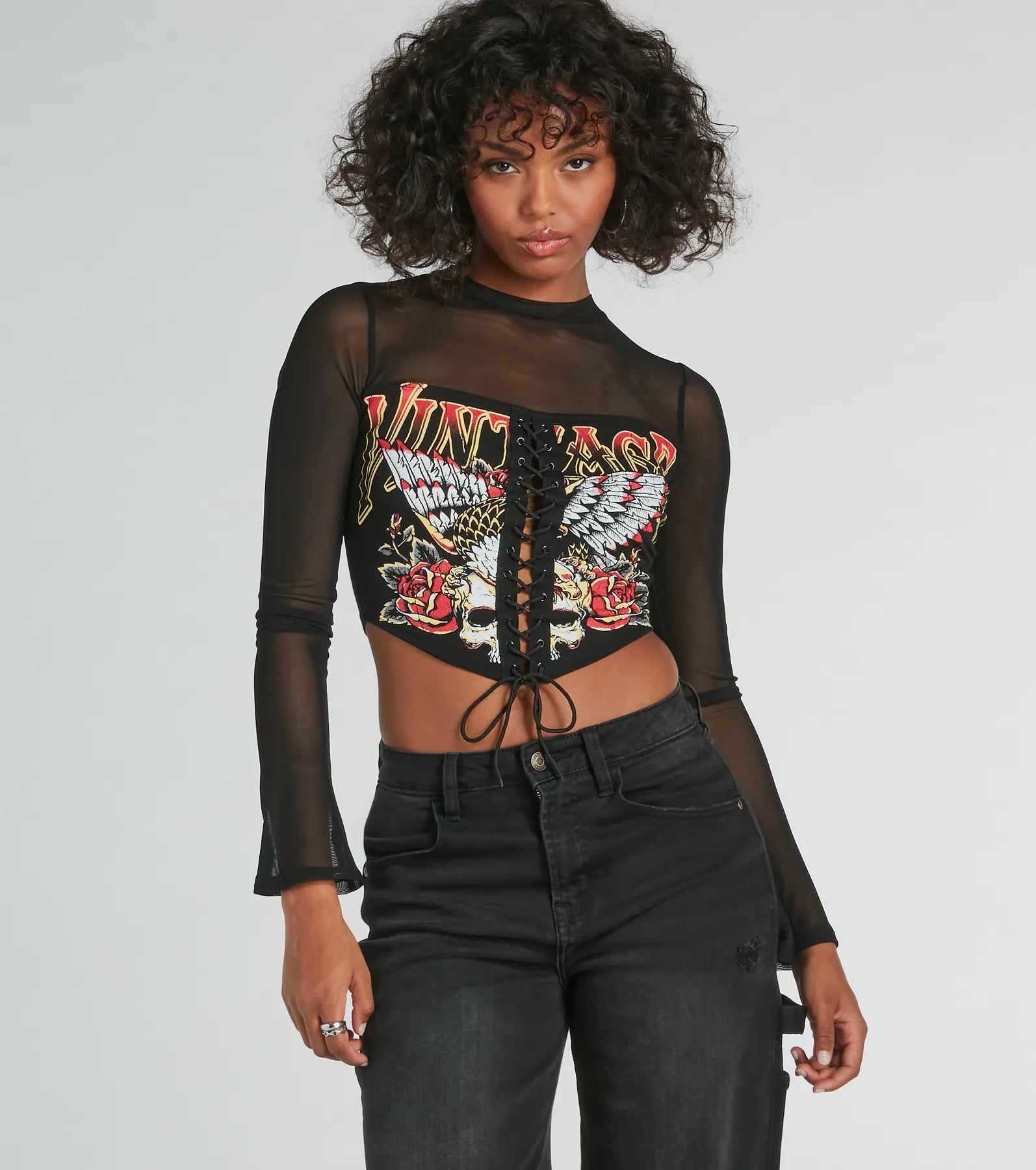 Satin cropped camisole for women with silky feel and elegant design-Vintage Lace-Up Mesh Graphic Crop Top