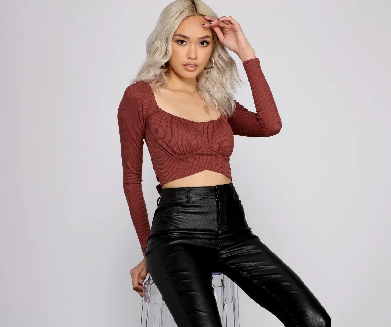 Elegant satin crop top for women with luxurious texture and chic appearance-Tie Back Ribbed Knit Crop Top