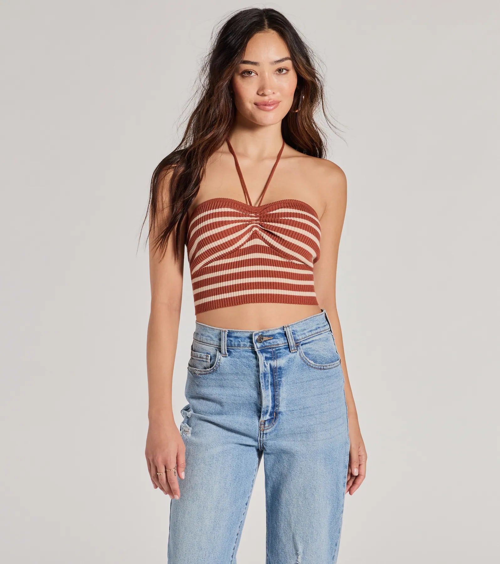 Classic black crop top for women with minimal design and versatile look-Trendy In Stripes Halter Rib Knit Crop Top