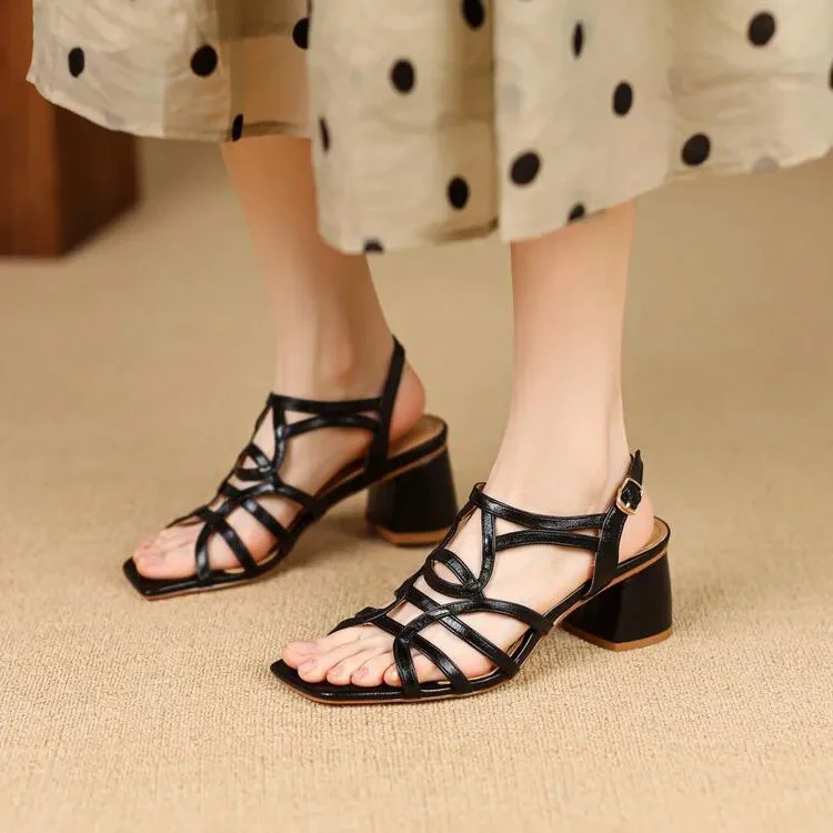 Comfortable sandals for women with soft cork footbed and rubber outsole-Golden Gladiator Square Toe High Heels Sandals