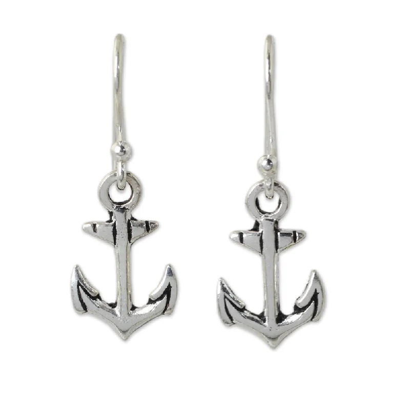 Drop Earrings for Festival Style -Handmade Sterling Silver 'Anchors Away' Earrings (Thailand)