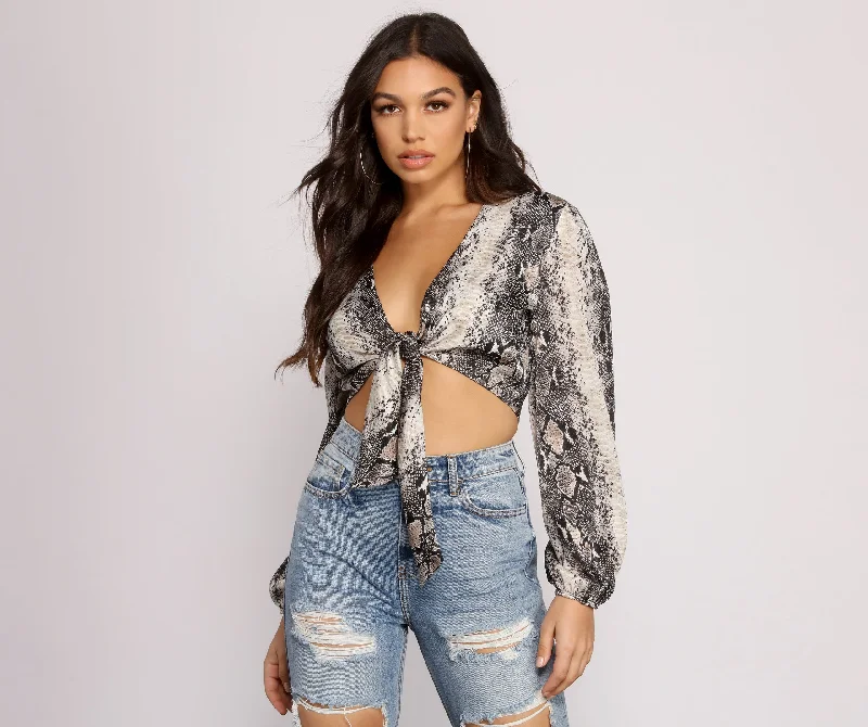 Bohemian style crop top for women with fringe details and free-spirited vibe-Chic Satin Snake Print Crop Top