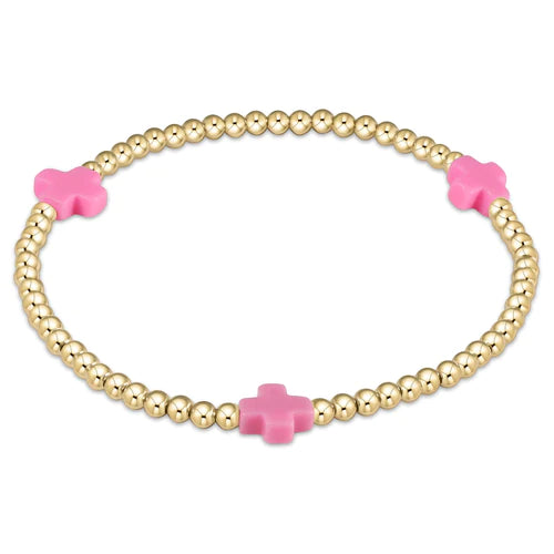 Silver bangles with polished mirror finish shine -signature cross gold pattern 3mm bead bracelet - bright pink by enewton