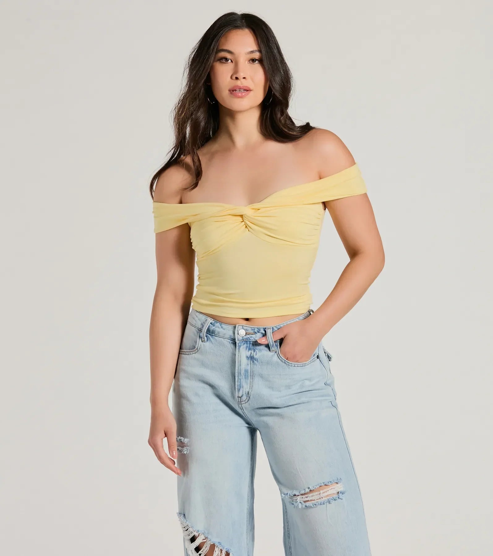 Cropped long sleeve shirt for women with ribbed texture and casual look-Trendy Twist-Front Off-The-Shoulder Crop Top