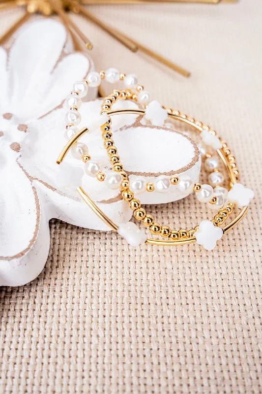 Bangles with hammered silver for rustic appeal -Goldtone and Pearl Quatrefoil Beaded Bracelet Set