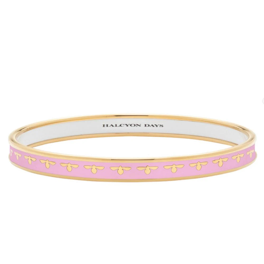 Bangles with chunky designs for statement wear -HALCYON DAYS 18K YELLOW GOLD PLATED 6MM BEE PALE PINK ENAMELED BANGLE BRACELET