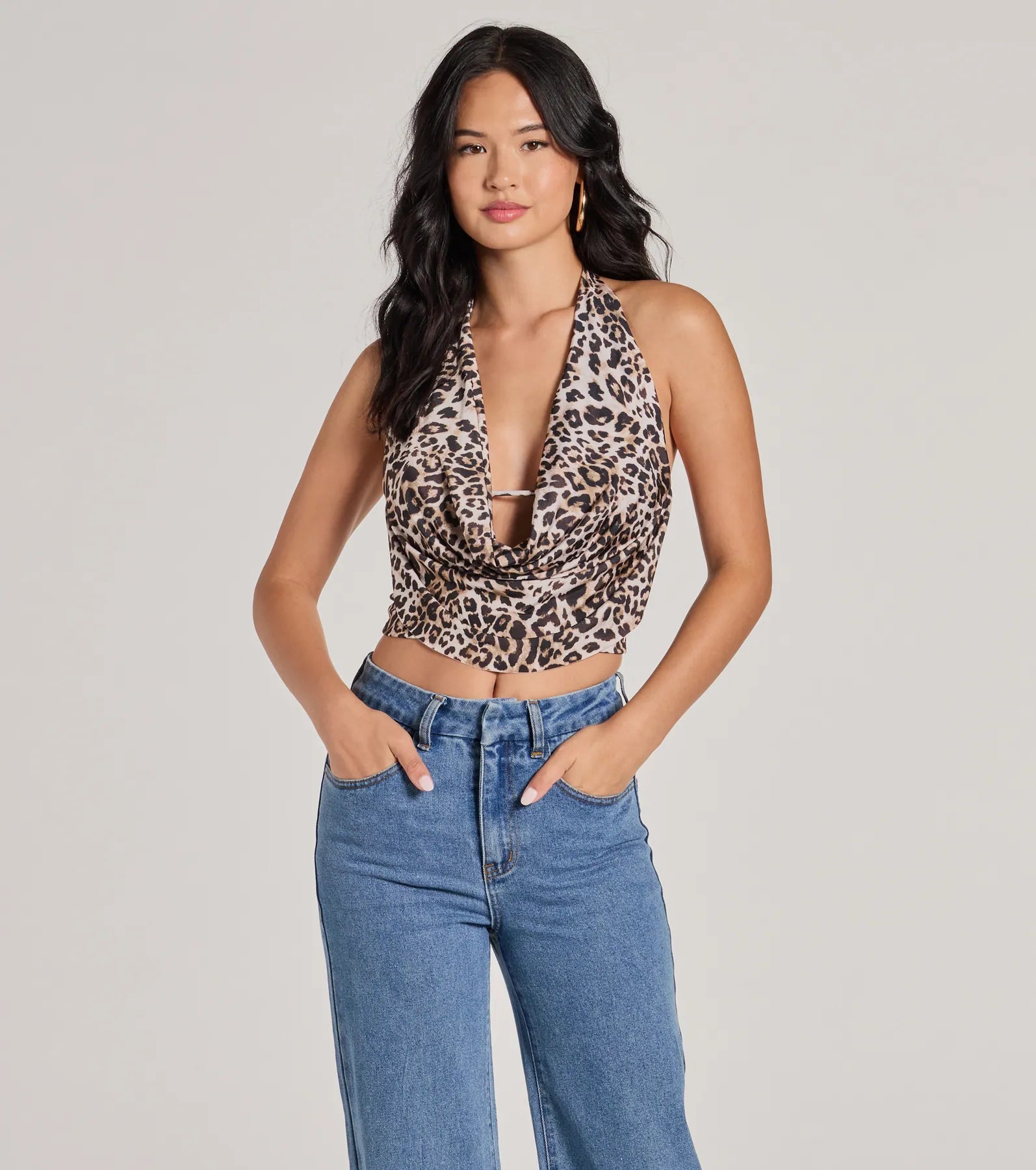 Cropped blouse for women with billowy sleeves and elegant design-Prowlin Around Cowl Halter Leopard Crop Top