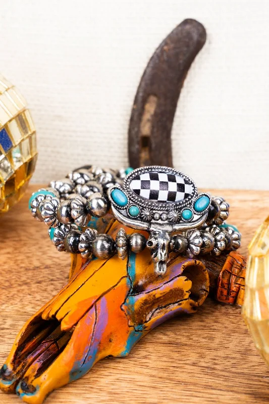 Bangles with gothic-inspired engravings for drama -Black Steer Ranch Silvertone Beaded Bracelet