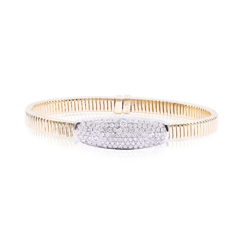 Gold bracelets with delicate diamond charm accents -18K YELLOW GOLD 5MM FLEXIBLE RIBBED CUFF BRACELET WITH PAVE DIAMOND TOP 1.20CTW