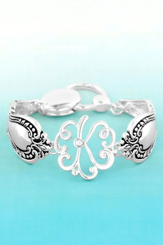 Bangles with vintage emerald for rich luxury -SALE! Silvertone 'K' Flourish Initial Spoon Bracelet