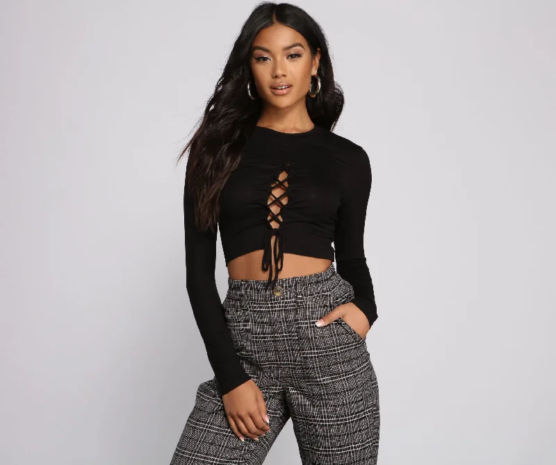 Lace crop top for women with intricate details and stylish appeal-Lace-Up Jersey Knit Crop Top