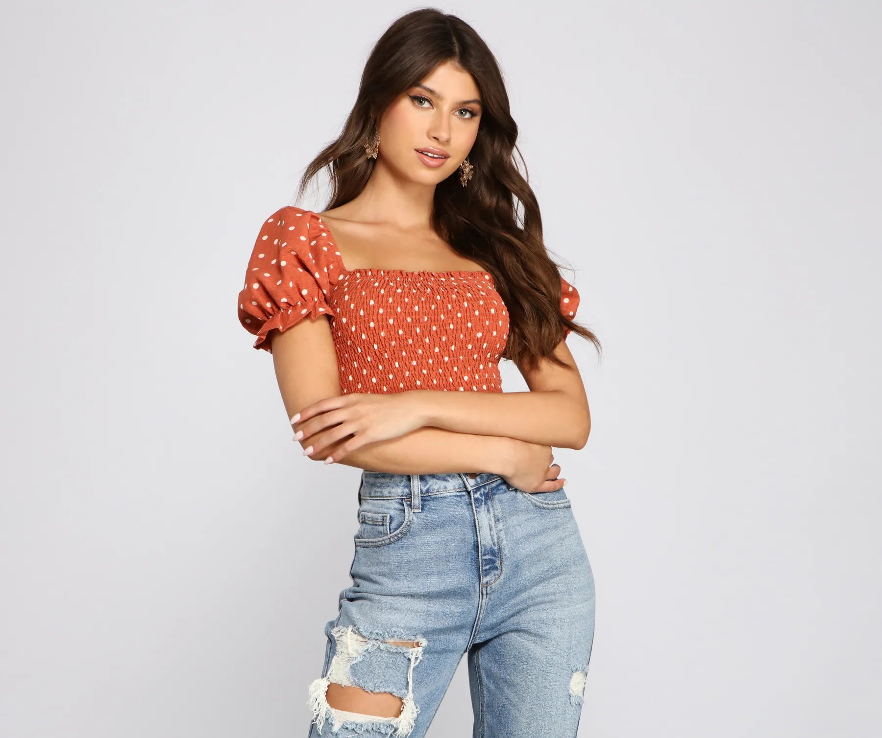 Cropped fleece top for women with soft interior and cozy feel-Pretty In Polka Dots Smocked Crop Top