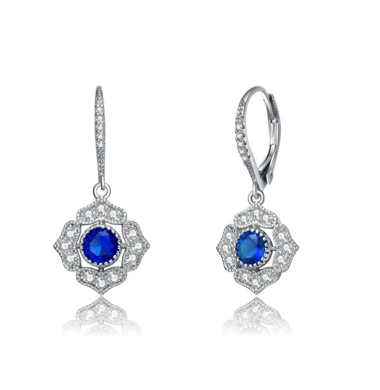 Drop Earrings with Hammered Finish -GENEVIVE Sterling Silver Sapphire Cubic Zirconia Petal Flower Drop Earrings