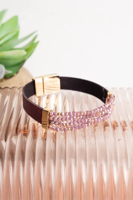 Bangles with claw-set stones for security -SALE! Purple Faux Leather with Glass Bead Magnetic Bracelet